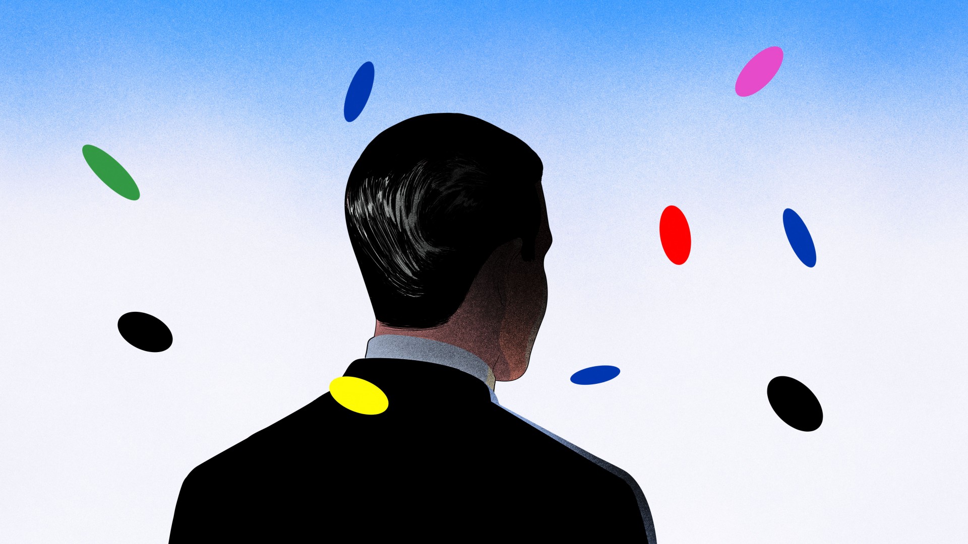 Ein Mann im Anzug von hinten mit Konfetti