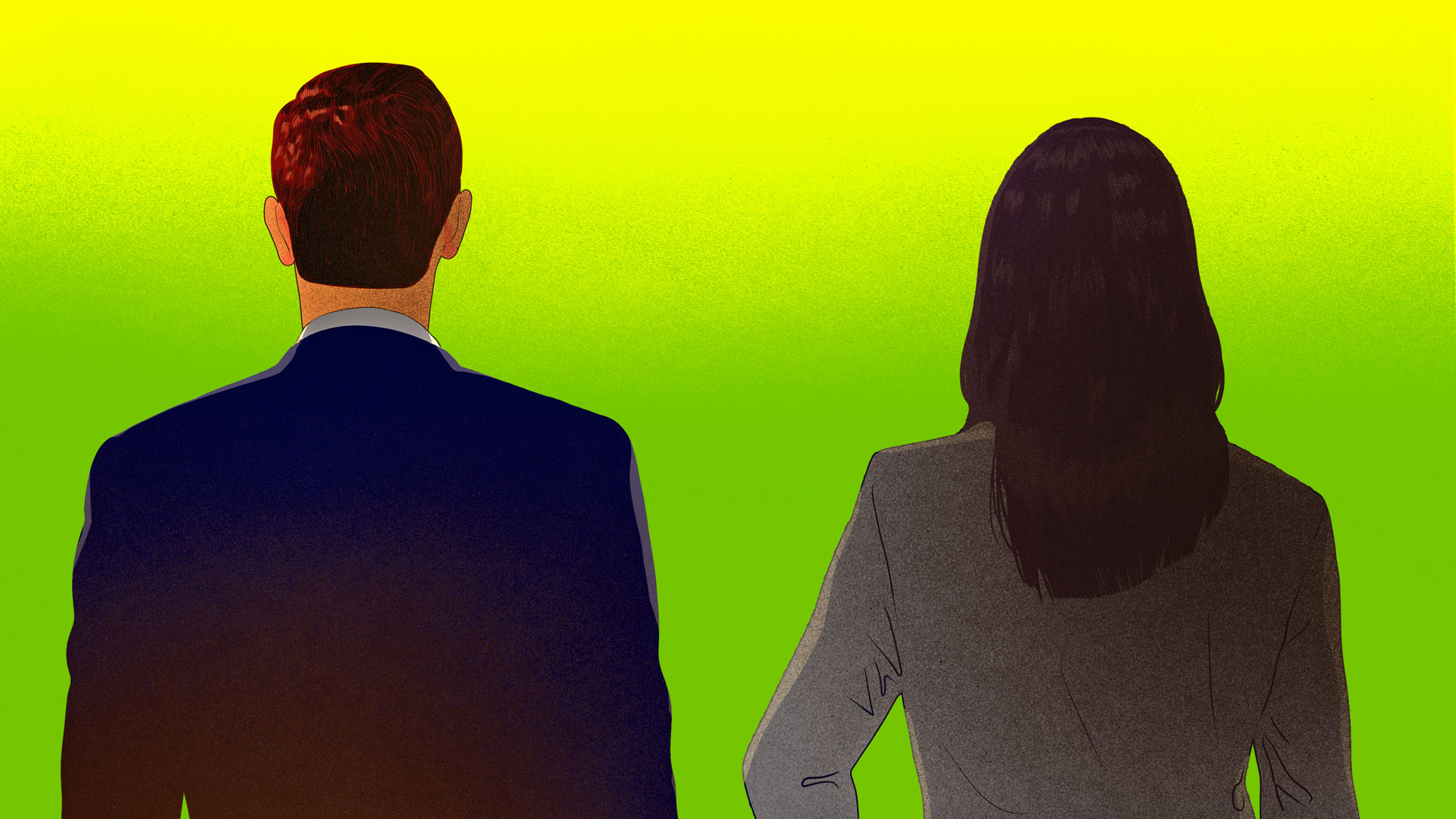 Eine Frau und ein Mann stehen vor einem grün-gelben Hintergrund.