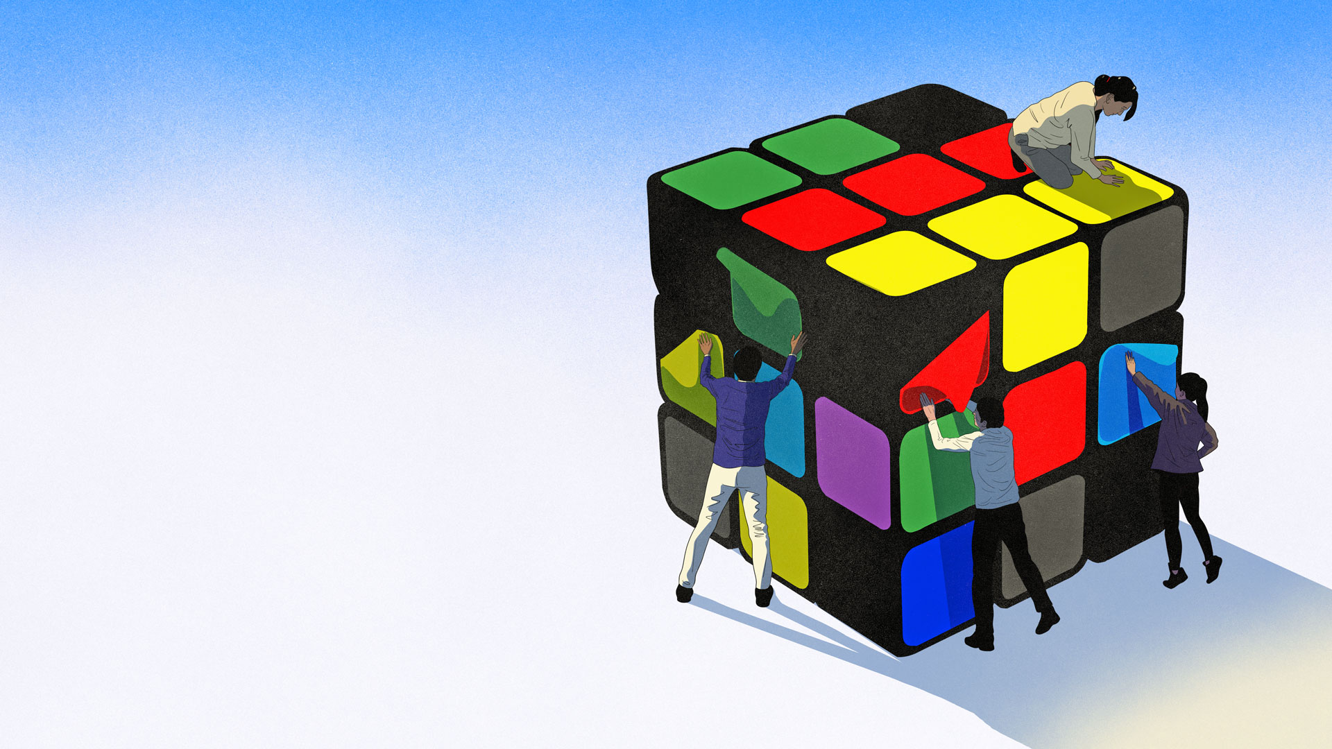 4 Menschen plakatieren einen Cubixwürfel mit den Farben der großen Parteien.