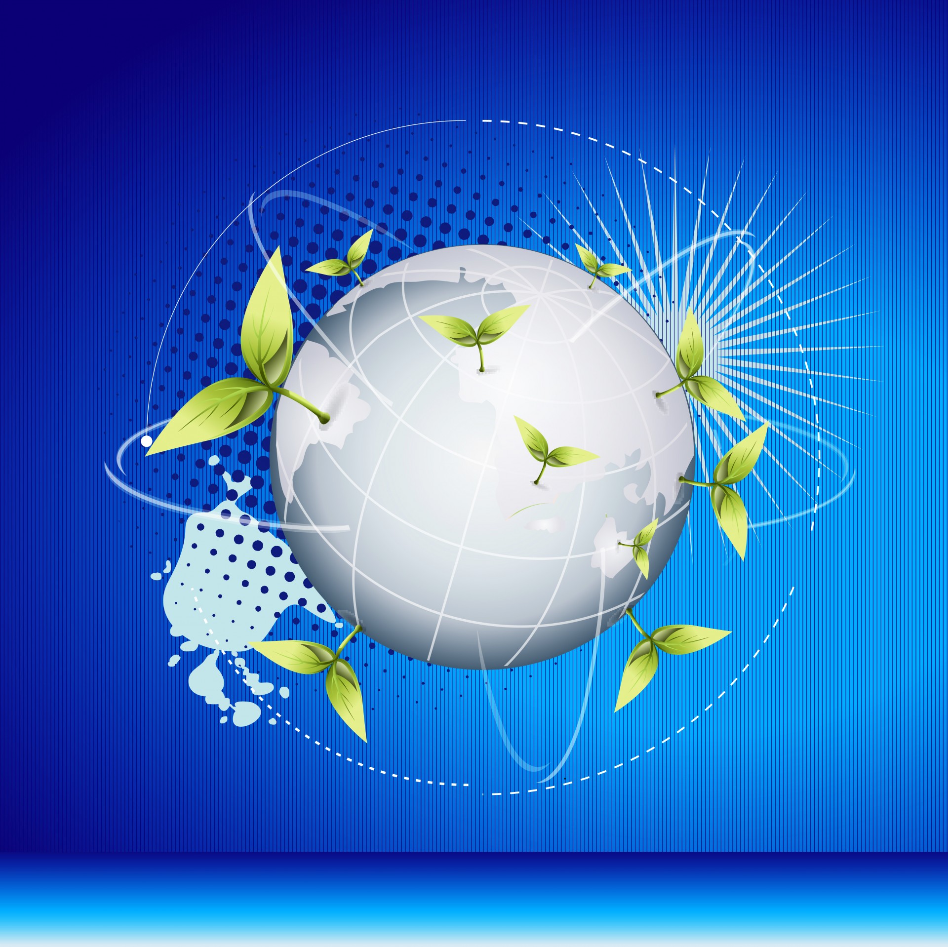 Grafik Weltkugel mit Pflanzenkeimen auf blauem Hintergrund